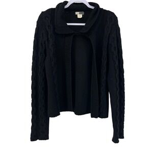 Caryn Vallone Black 100% Merino Wool Cable Knit Open Front Cardigan Sweater L